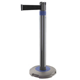 Skipper-TM-Q-retractable-barrier-queue-management-safety-barriers-airport-events-belt-tape-indoor-outdoor-post-base-purple-customisable-hospital-crowd-control-warehouse-banks-hotels-resteraunts-retraction-recycled-recyclable