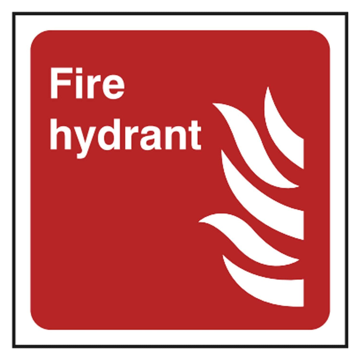 Red and white fire hydrant location sign with wording and flame pictogram