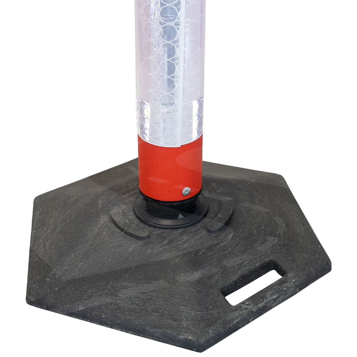 flexi-cylinder-defiance-base-delineator-post-self-righting-melba-swintex-traffic-control-flexible-vehicle-impact-guidance-safety-reflective-highway-uv-resistant-plastic-bollard-pedestrian-starlux-bolt-down-bitumin-pad-adhesive-durable-heavy-duty