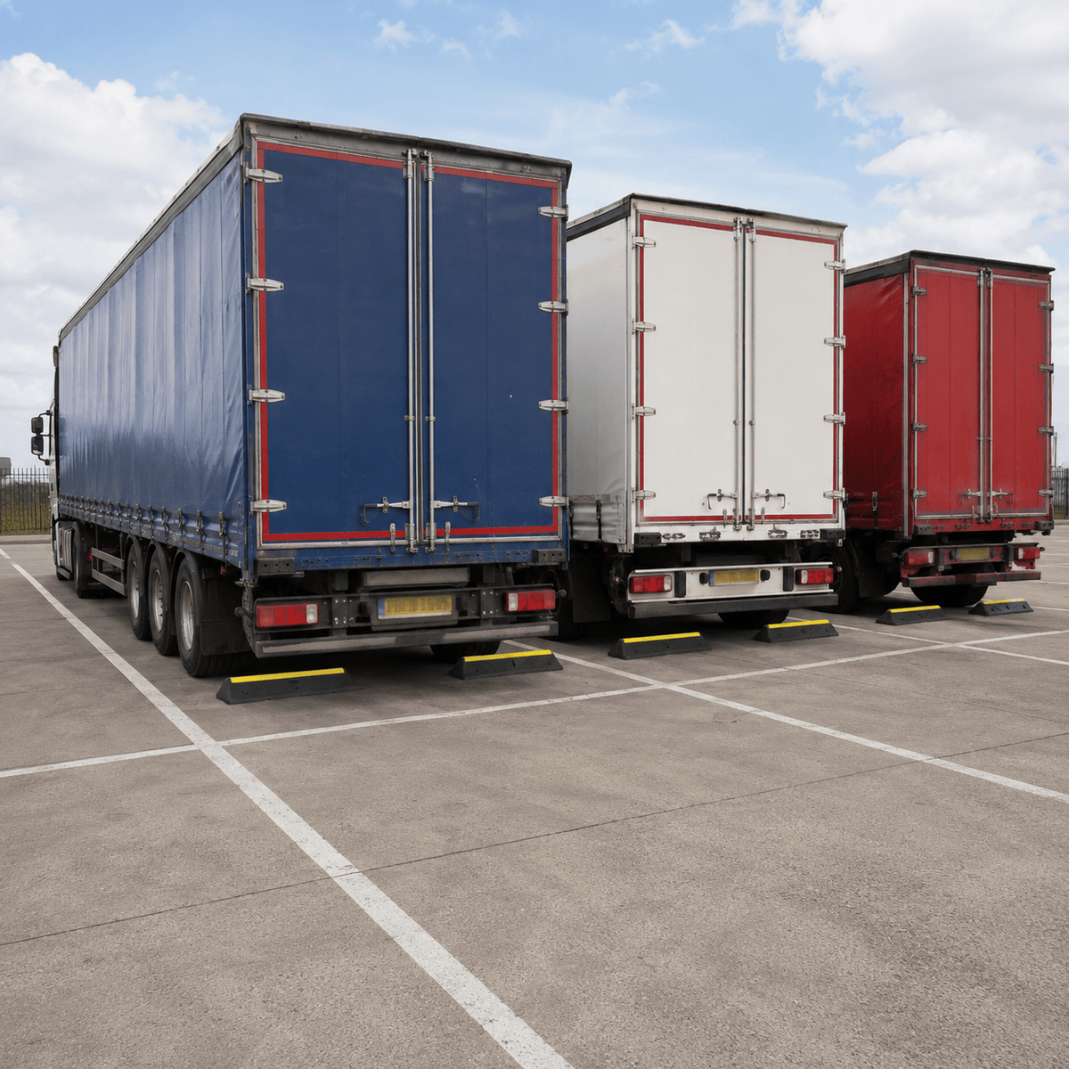 Three cargo trailers parked in a lot: with HGV wheel stops a large blue trailer in front, followed by a white trailer with red trim, and a red trailer. The scene is outdoors on a paved surface under a blue sky with clouds.