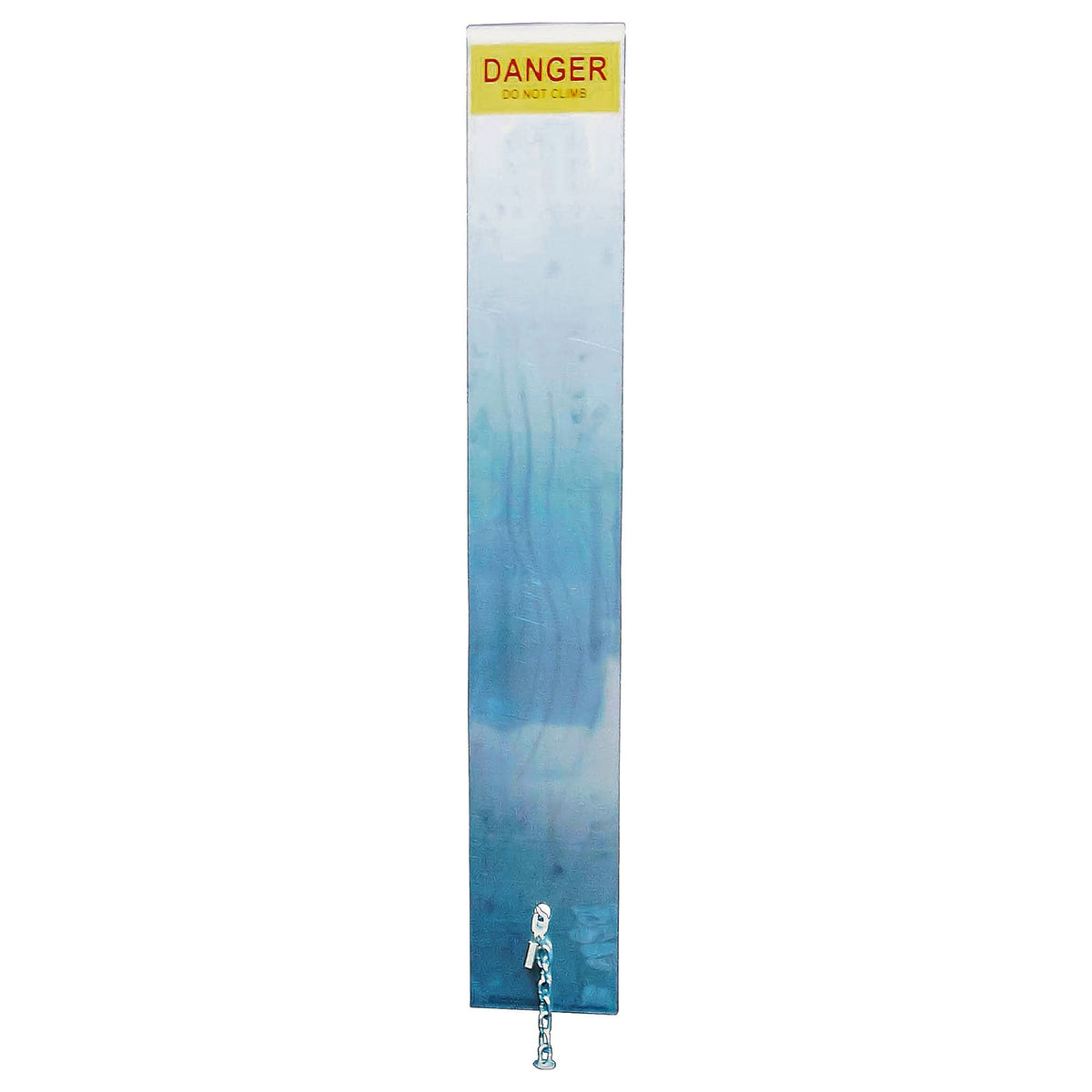 Ladder Sentry Climb Protection aluminium anti-climb guard on white background, DANGER DO NOT CLIMB label and chain and padlock hook shown