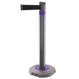 Skipper-TM-Q-retractable-barrier-queue-management-safety-barriers-airport-events-belt-tape-indoor-outdoor-post-base-purple-customisable-hospital-crowd-control-warehouse-banks-hotels-resteraunts-retraction-recycled-recyclable