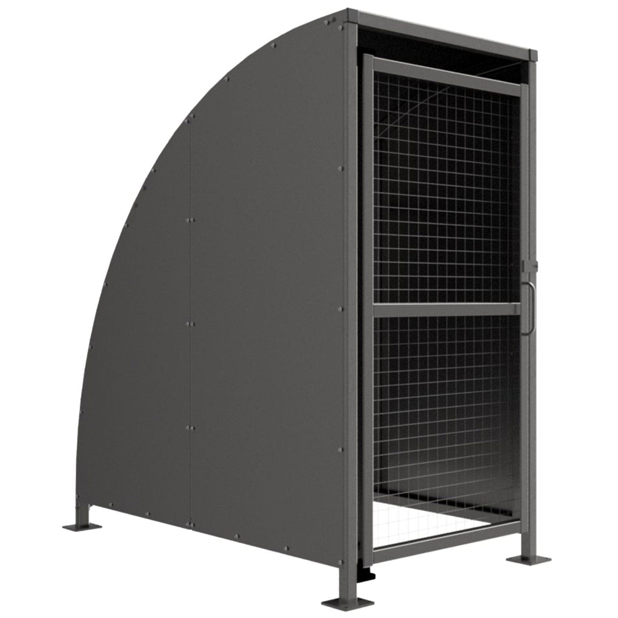 SG1 Stratford shelter, single bay, solid galvanised curved roof and one lockable mesh door, three-quarter view