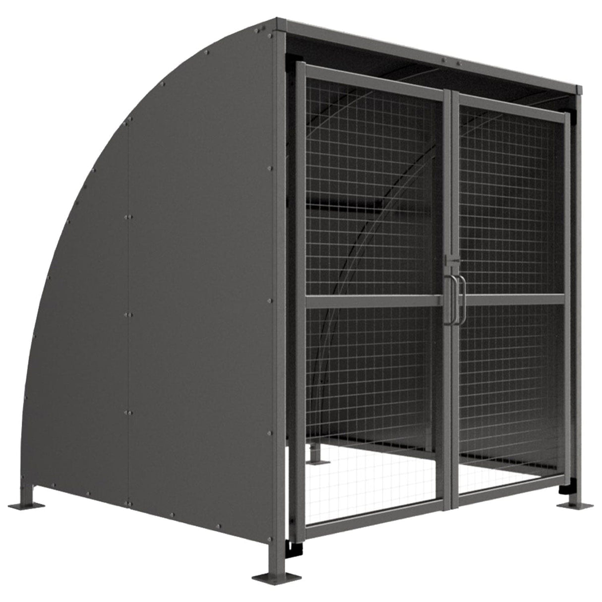 SG1 Stratford shelter, single bay, solid galvanised curved roof with lockable mesh double doors, three-quarter view