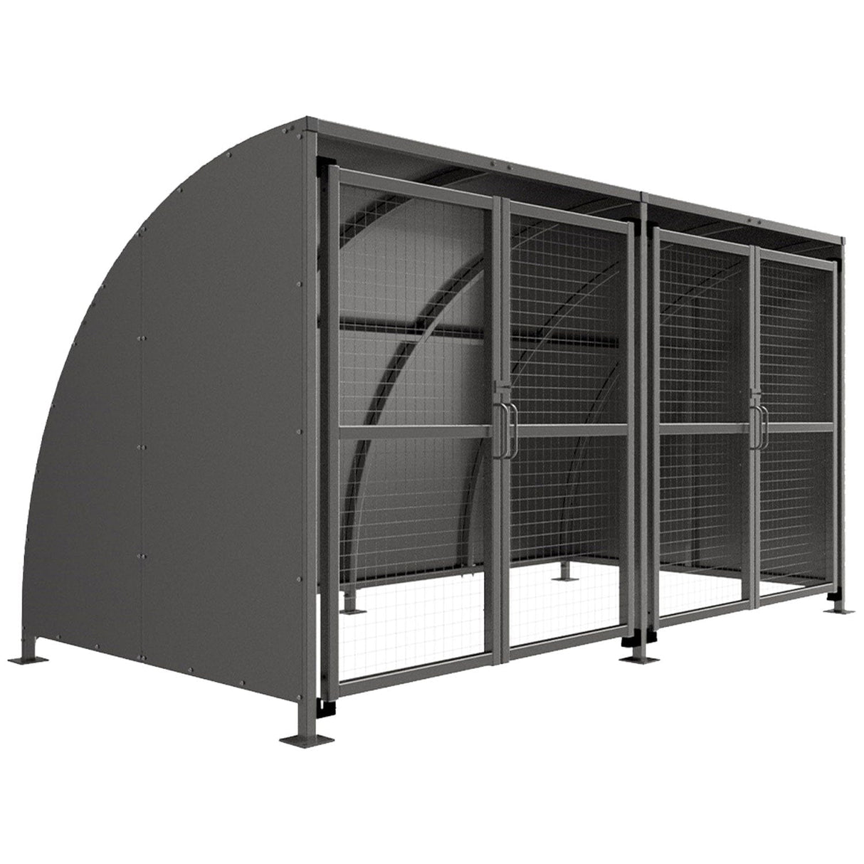 SG1 Stratford shelter, solid galvanised curved roof, two-bay unit with lockable mesh doors open, three-quarter view
