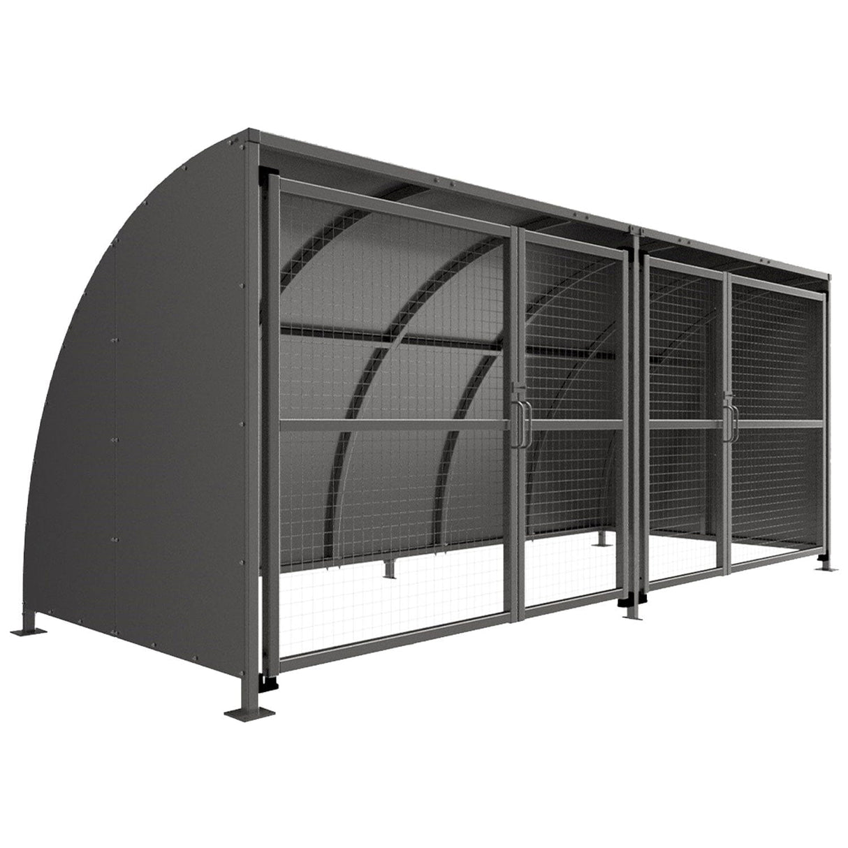 SG1 Stratford shelter, four-bay unit, solid galvanised curved roof with mesh doors along the run, three-quarter view