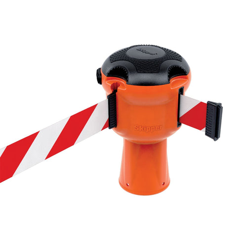 Skipper TM retractable 9 metre tape barrier system orange caution danger red green white blue yellow black reflective high visibility queue management traffic cone crowd flow control events safety belt roadworks guardrail security roadside restraint