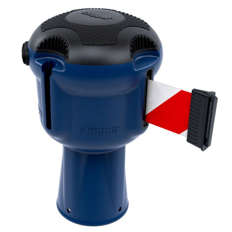 Skipper TM retractable 9 metre tape barrier system orange caution danger red green white blue yellow black reflective high visibility queue management traffic cone crowd flow control events safety belt roadworks guardrail security roadside restraint