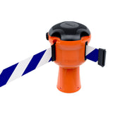Skipper TM retractable 9 metre tape barrier system orange caution danger red green white blue yellow black reflective high visibility queue management traffic cone crowd flow control events safety belt roadworks guardrail security roadside restraint