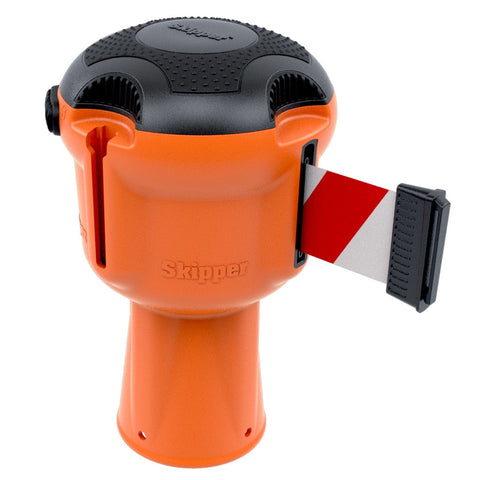 Skipper TM retractable 9 metre tape barrier system orange caution danger red green white blue yellow black reflective high visibility queue management traffic cone crowd flow control events safety belt roadworks guardrail security roadside restraint