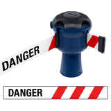 Skipper TM retractable 9 metre tape barrier system orange caution danger red green white blue yellow black reflective high visibility queue management traffic cone crowd flow control events safety belt roadworks guardrail security roadside restraint