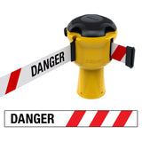 Skipper TM retractable 9 metre tape barrier system orange caution danger red green white blue yellow black reflective high visibility queue management traffic cone crowd flow control events safety belt roadworks guardrail security roadside restraint