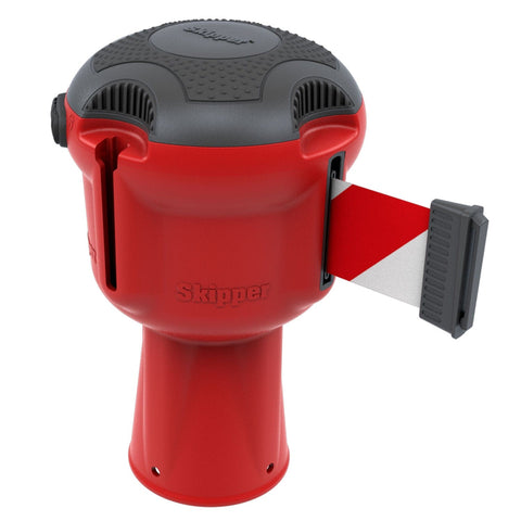 Skipper TM retractable 9 metre tape barrier system orange caution danger red green white blue yellow black reflective high visibility queue management traffic cone crowd flow control events safety belt roadworks guardrail security roadside restraint