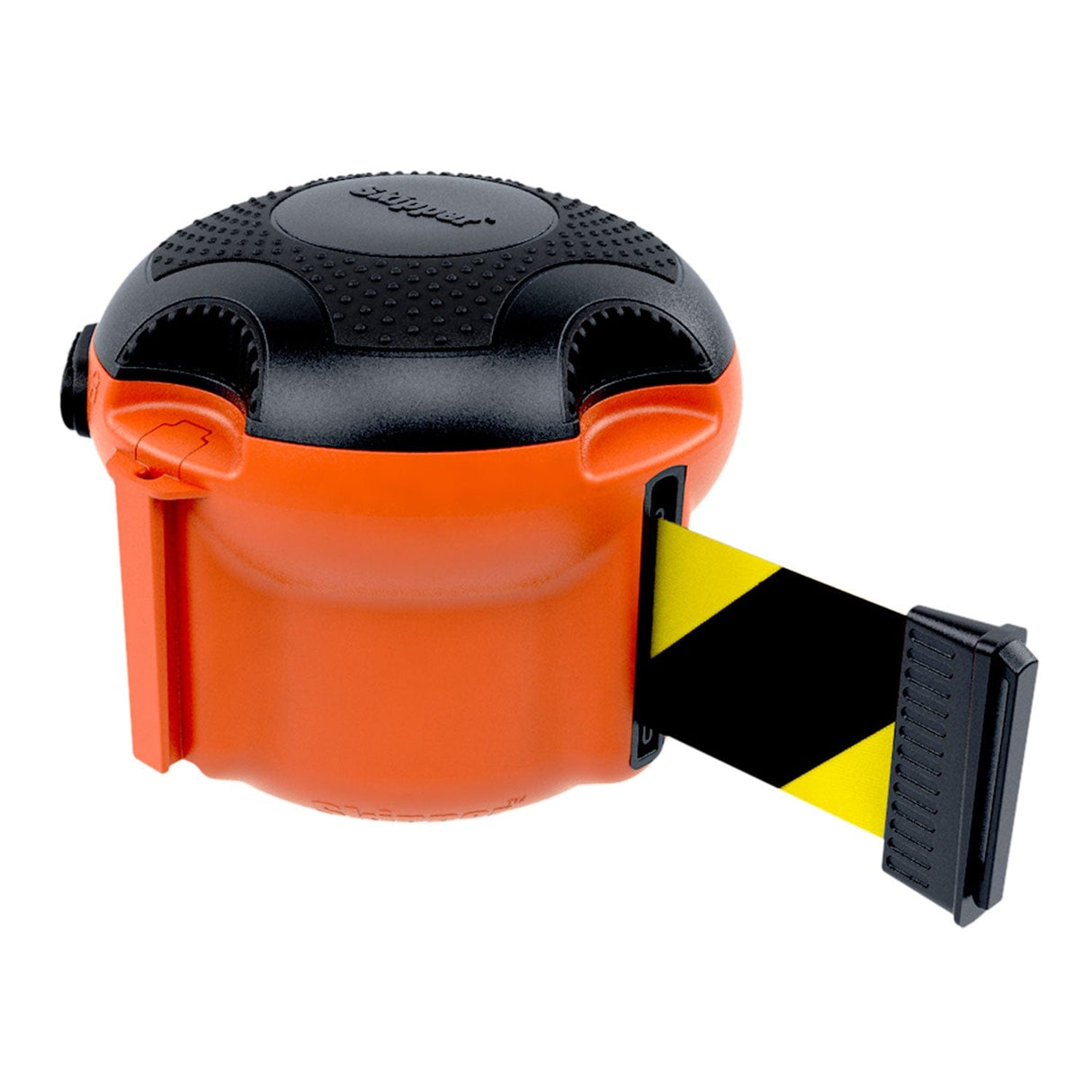 Skipper XS retractable barrier unit close-up showing the ratchet housing and black and yellow chevron tape