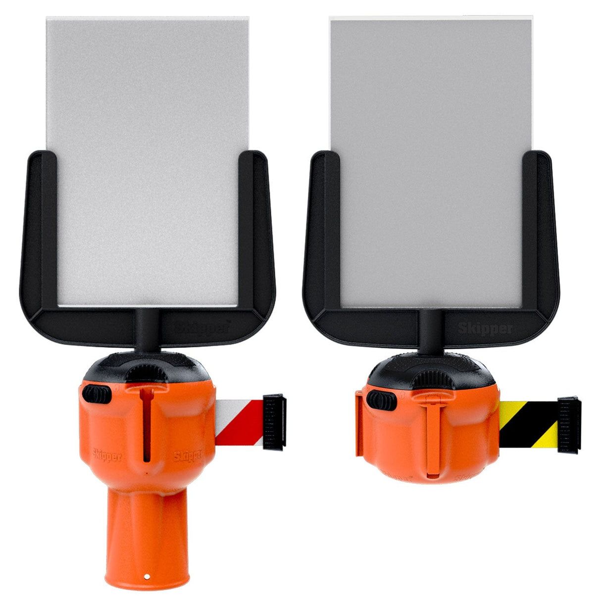 Two Skipper A4 sign holders fitted to orange barrier units, one with red and white tape, one with black and yellow tape