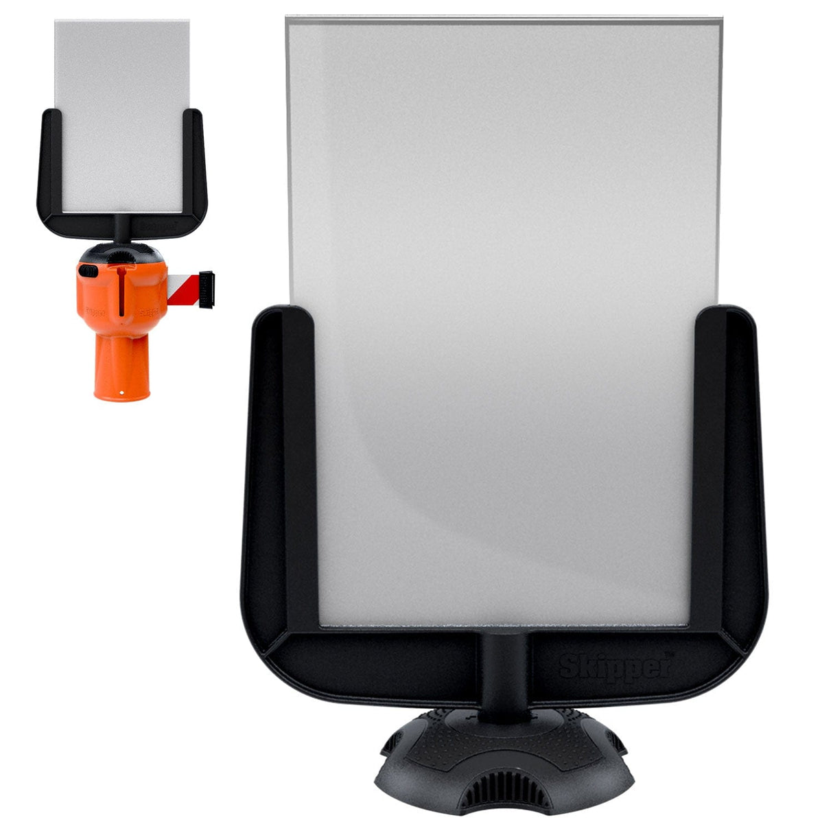 Skipper A4 sign holder with blank polycarbonate sleeve, inset showing it fitted to an orange Skipper barrier unit