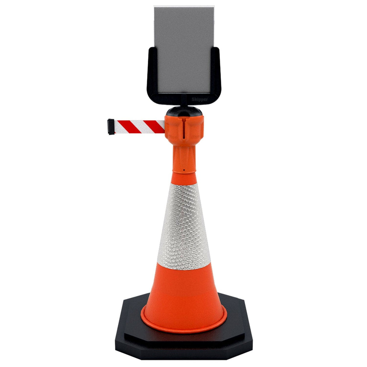 Skipper A4 sign holder fitted to an orange traffic cone barrier unit with red and white tape