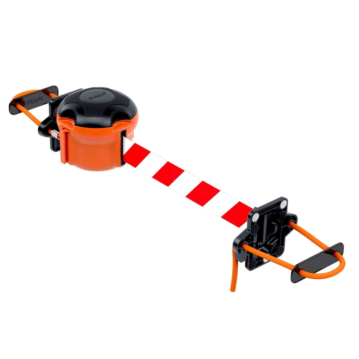 Skipper XS retractable barrier unit with red and white chevron tape extended between two cord-strap receiver plates