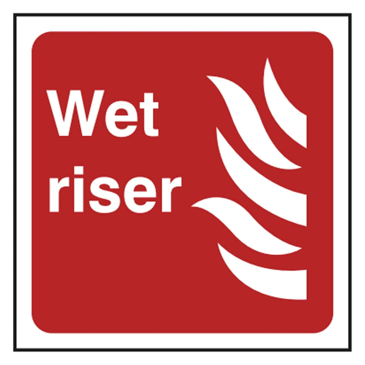 Red and white wet riser fire safety sign with flame pictogram and Wet riser text