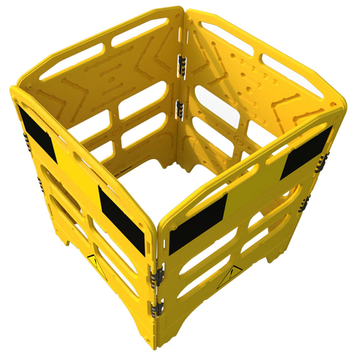 Yellow-buzz-handigard-utility-barrier,-safety-and-construction-work-zone-barrier-caution-tape-and-protective-traffic-hazard-management-man-hole-roadworks-event-pedestrian-individual-panel-hazard-reflective-black-hinge-danger