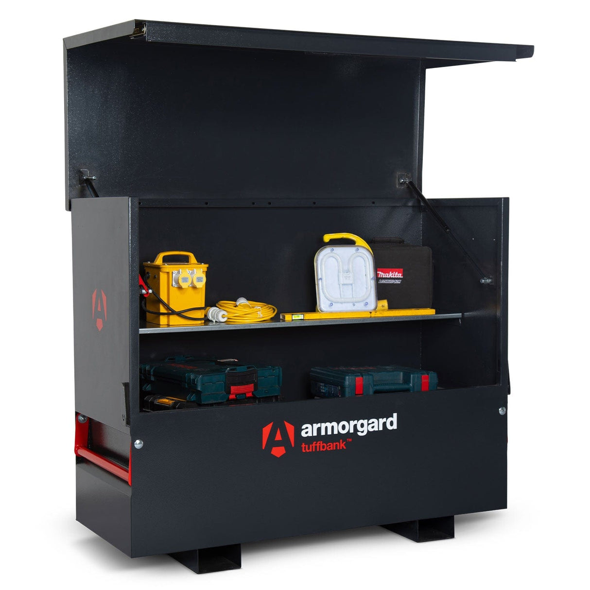 armorgard-tuffbank-tbc5-site-VAN-truck-chest-box-vault-box-secure-safe-security-lockable-weatherproof-tools-industrial-heavy-duty-gas-strut-robust-tough-steel-bolt-down-5-lever-deadlocks-steel-powder-coated-shelf