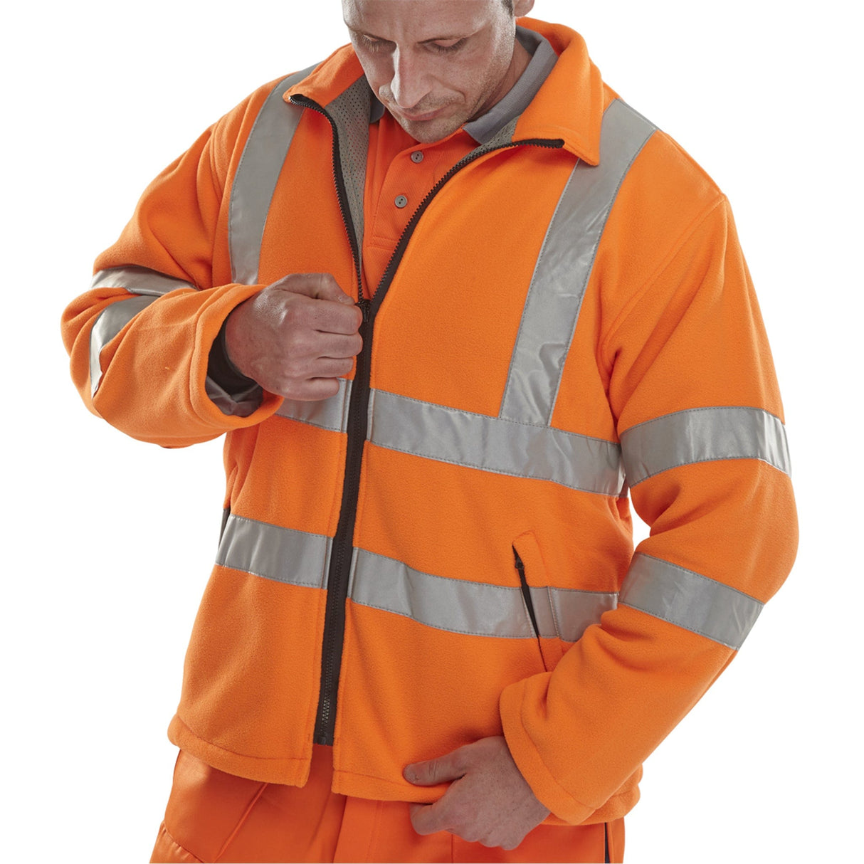 Man wearing the orange Carnoustie hi-vis fleece jacket, zipping the front, showing the collar and reflective bands