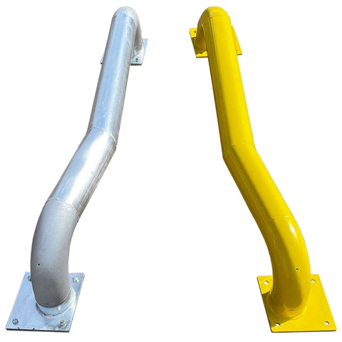 cranked-wheel-guides-stops-loading-bay-protection-steel-parking-block-warehouse-safety-barriers-heavy-duty-dock-leveler-pedestrian-workplace-forklift-bumper-industrial-galvanised-steel-yellow-powder-coated