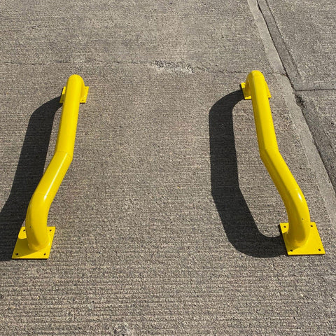 cranked-wheel-guides-stops-loading-bay-protection-steel-parking-block-warehouse-safety-barriers-heavy-duty-dock-leveler-pedestrian-workplace-forklift-bumper-industrial-galvanised-steel-yellow-powder-coated