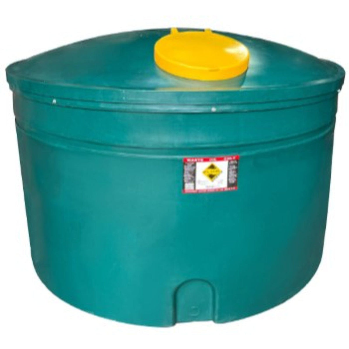 Cylindrical 4000 litre bunded waste oil tank in dark green with a yellow lid, outdoor setting