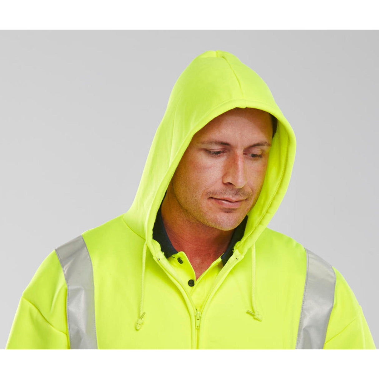 Hood detail on Hi-vis Zipped Hoodie Saturn Yellow