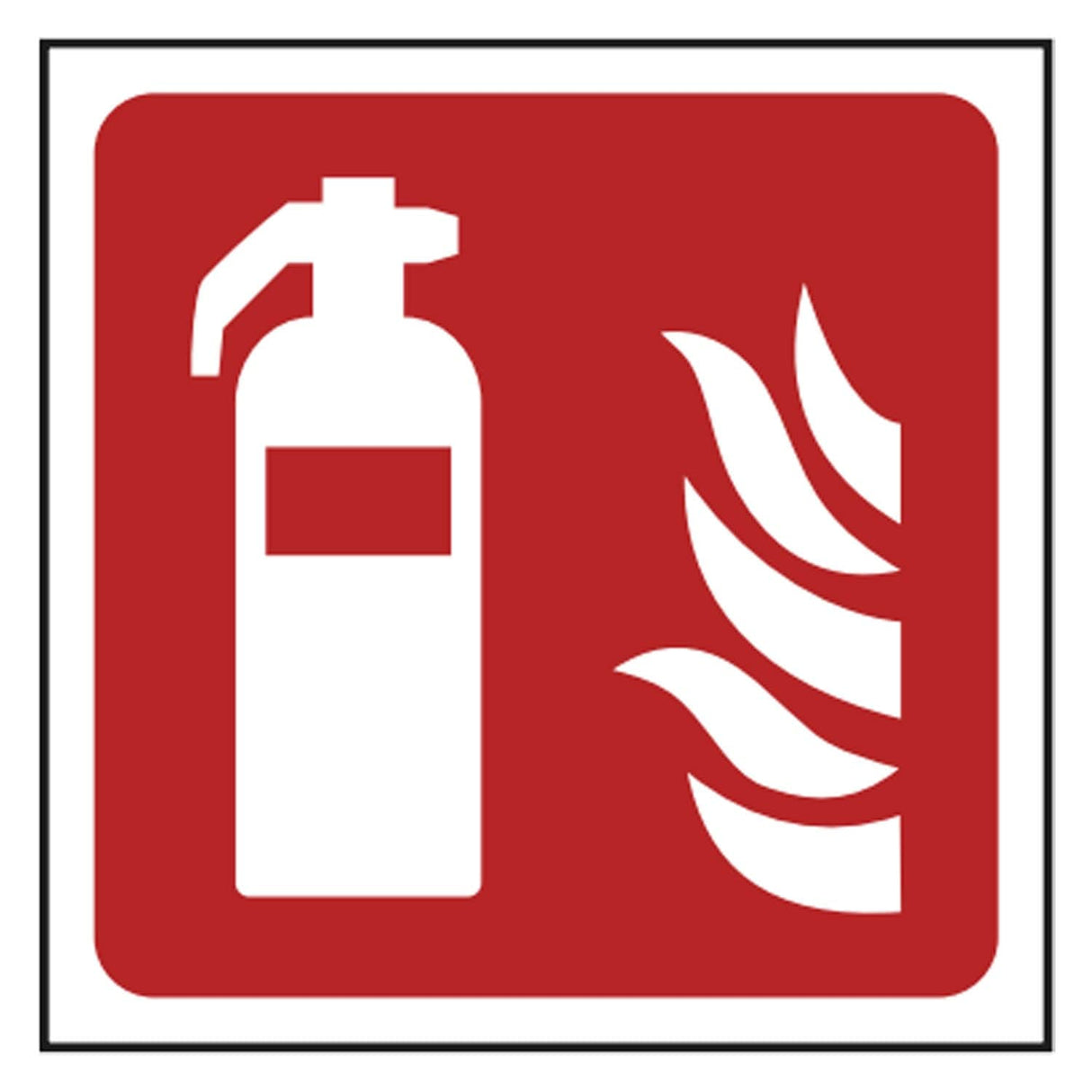 Red and white fire extinguisher safety sign with extinguisher and flame pictogram