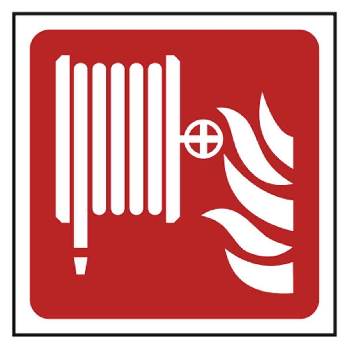 Red and white fire hose reel location sign with hose and flame pictogram