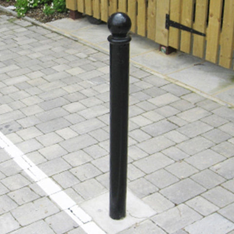 galvanised-steel-ornamental-bollard-spherical-cast-iron-cap-powder-coated-black-anti-parking-impact-protection-access-control-security-detterent-posts-bolt-down-ragged-flanged-concrete-in-durable-weather-resistant-rigid
