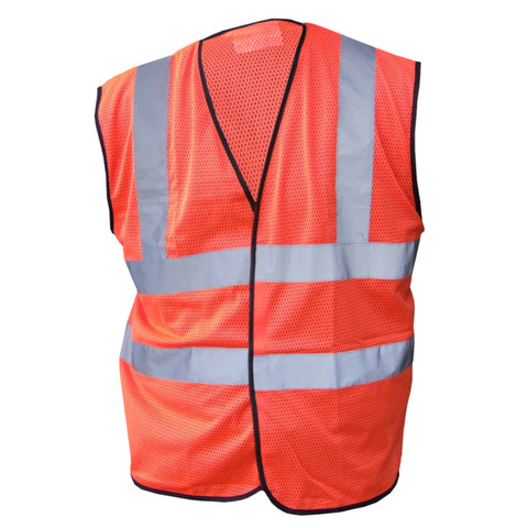 Orange hi-vis mesh vest made of polyester stretchy mesh fabric, meets EN ISO 20471 Class 2 (S+) and Class 1 (XS) visibility standards.