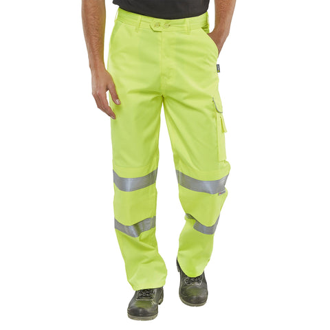 Saturn Yellow Hi-vis Poly Cotton Trousers with durable 80-20 polyester cotton blend, featuring multiple pockets and 3M Scotchlite retro reflective tape.