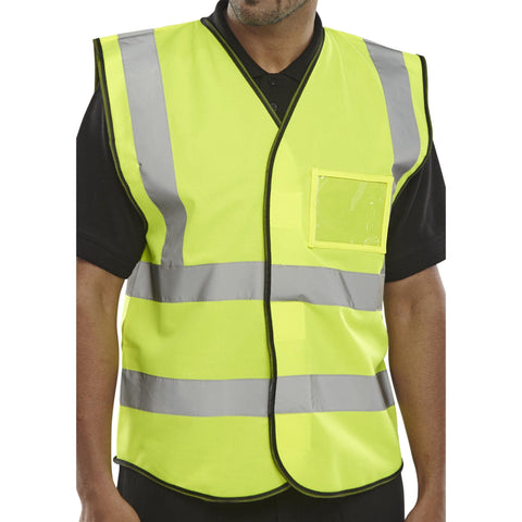 Hi-vis Vest with ID Pocket in Saturn Yellow, made from 100% polyester with hook and loop fastening. Features retro-reflective tape