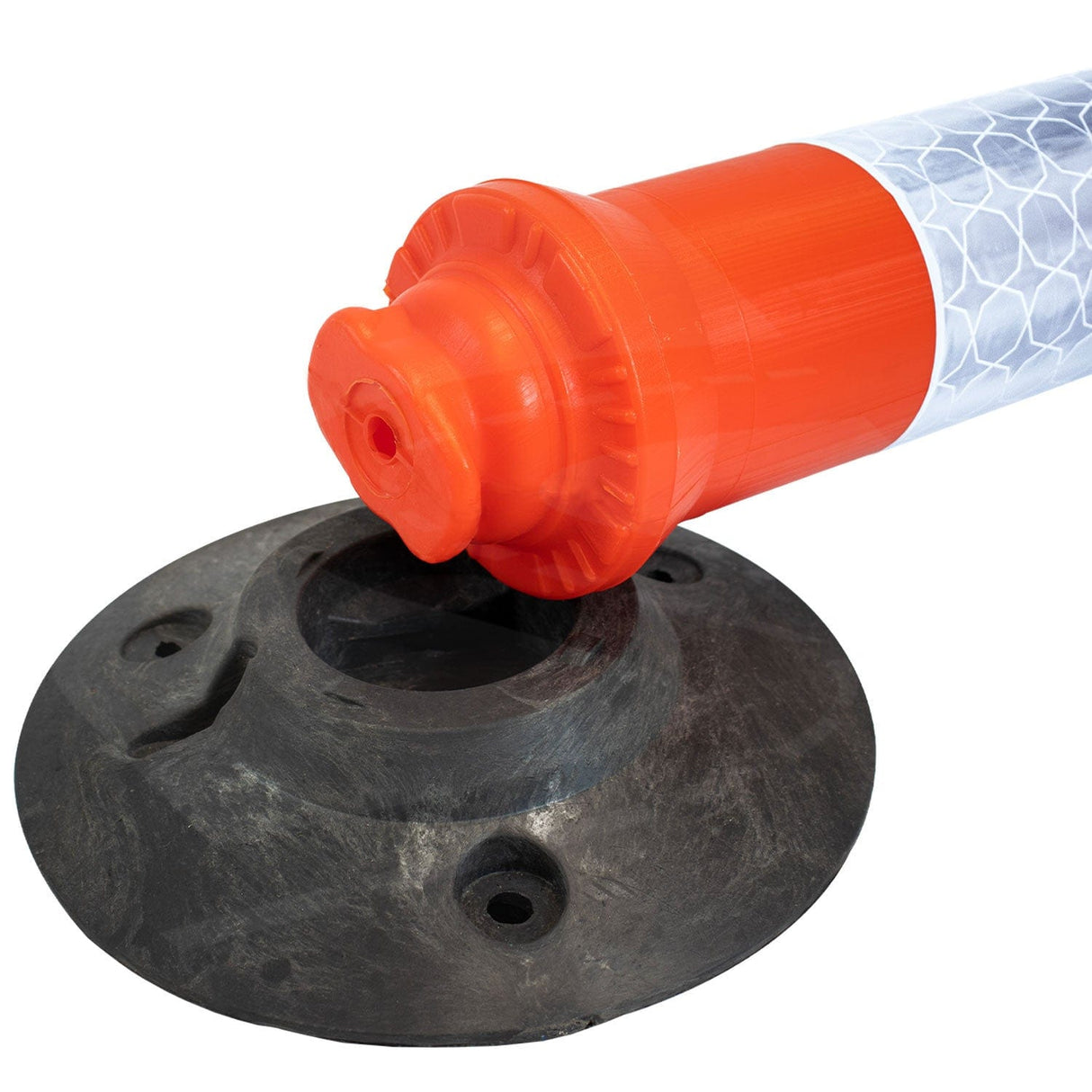 kingpin-cylinder-delineator-post-self-righting-melba-swintex-traffic-control-flexible-vehicle-impact-guidance-safety-reflective-highway-uv-resistant-plastic-bollard-pedestrian-starlux-bolt-down-bitumin-pad-adhesive-durable-heavy-duty