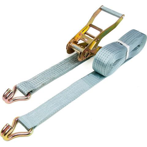 Highly durable 5 Tonne Ratchet Strap with 50mm wide polyester webbing and claw hooks, ideal for heavy industrial use. Perfect for securing vehicle loads, marquees, shelter construction, and more.