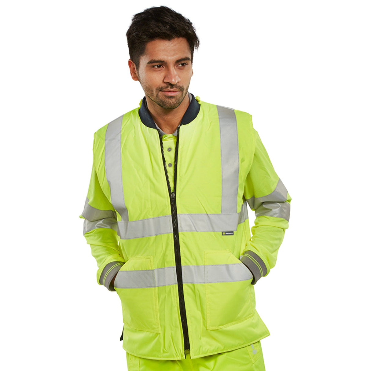 Features PU coating, navy polycotton diamond quilt, heavy-duty zip, patch pockets, mobile phone compartment, and Retro-Reflective tape. Perfect for outdoor work.