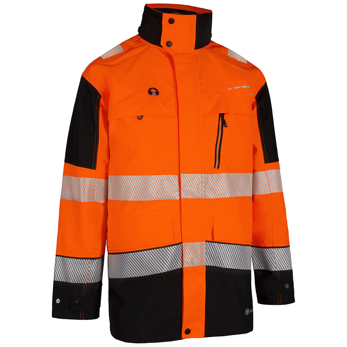 Orange and black hi-vis rail jacket, three-quarter front view showing chest pocket, D-ring loop and reflective tape