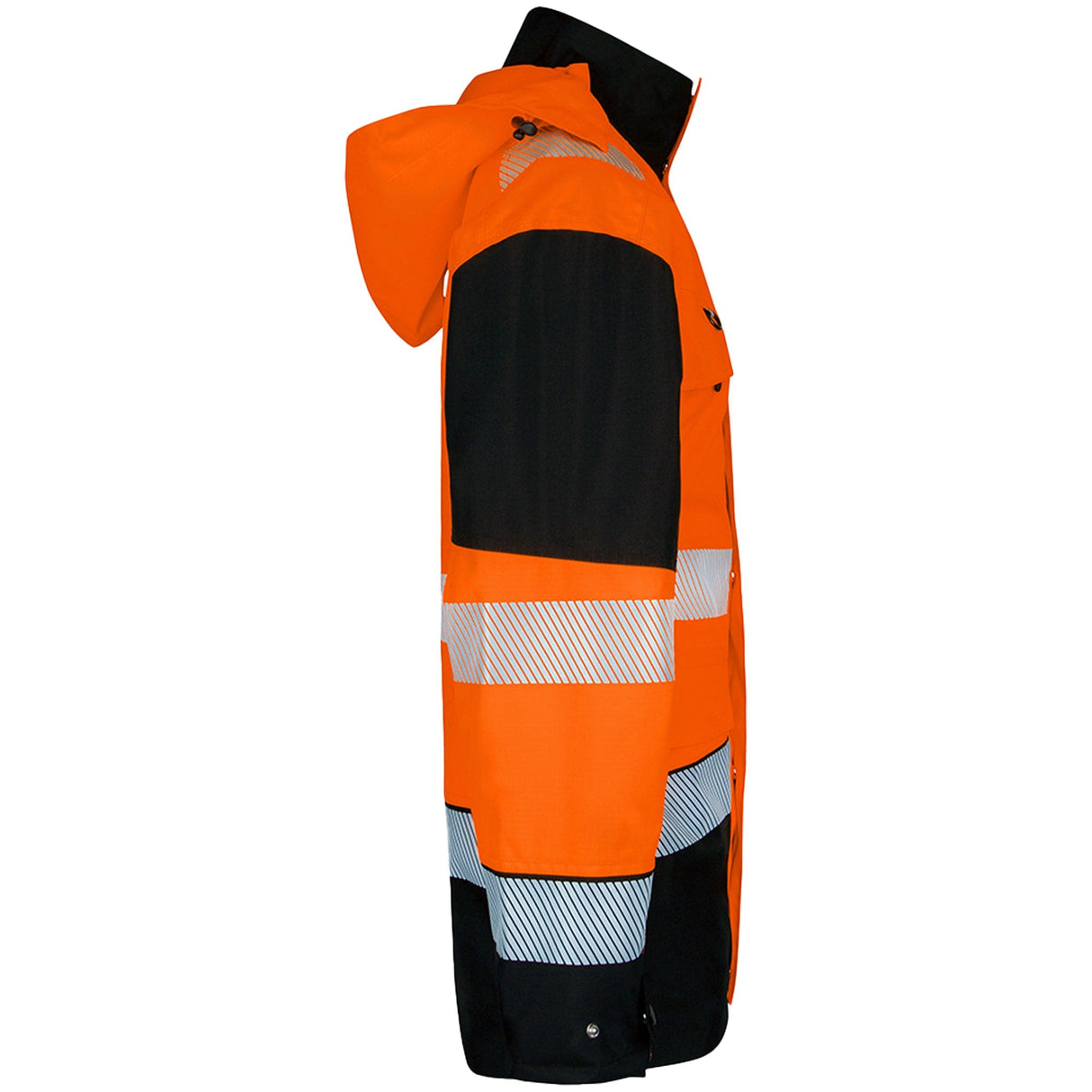 Orange and black hi-vis rail jacket side profile with hood raised, showing reflective bands on sleeve and body