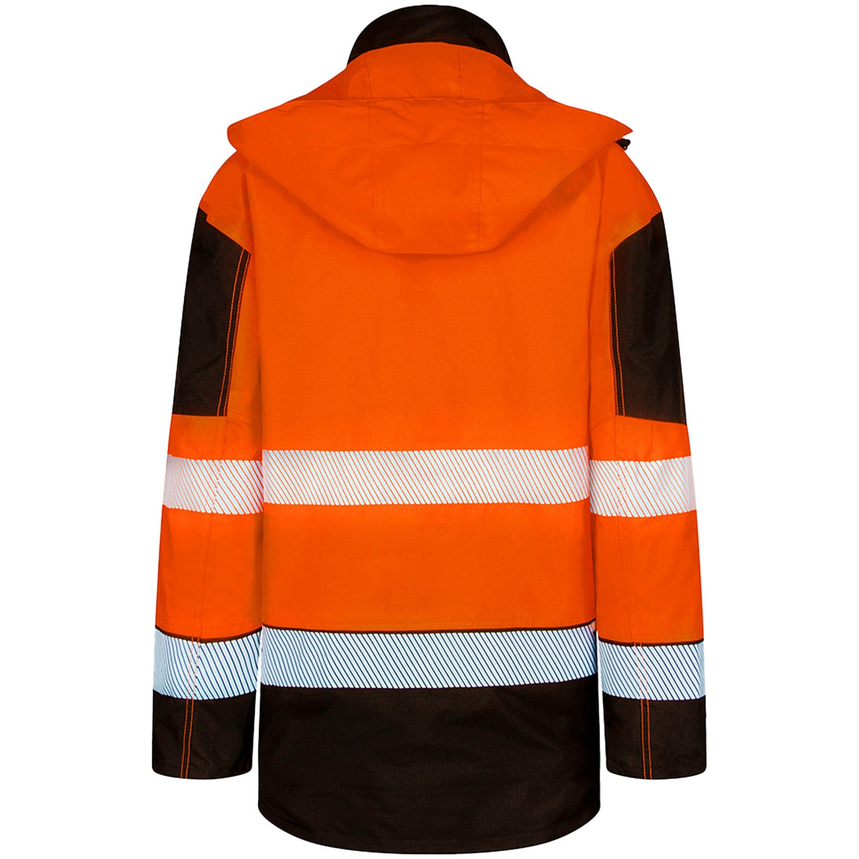 Orange and black hi-vis rail jacket back view with hood down, dual reflective bands across back and shoulders
