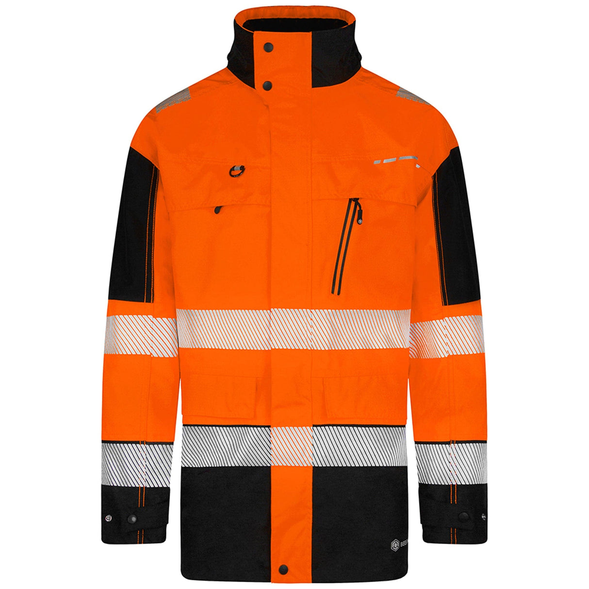 Orange and black hi-vis rail jacket laid flat - front view showing zip, pockets and reflective bands