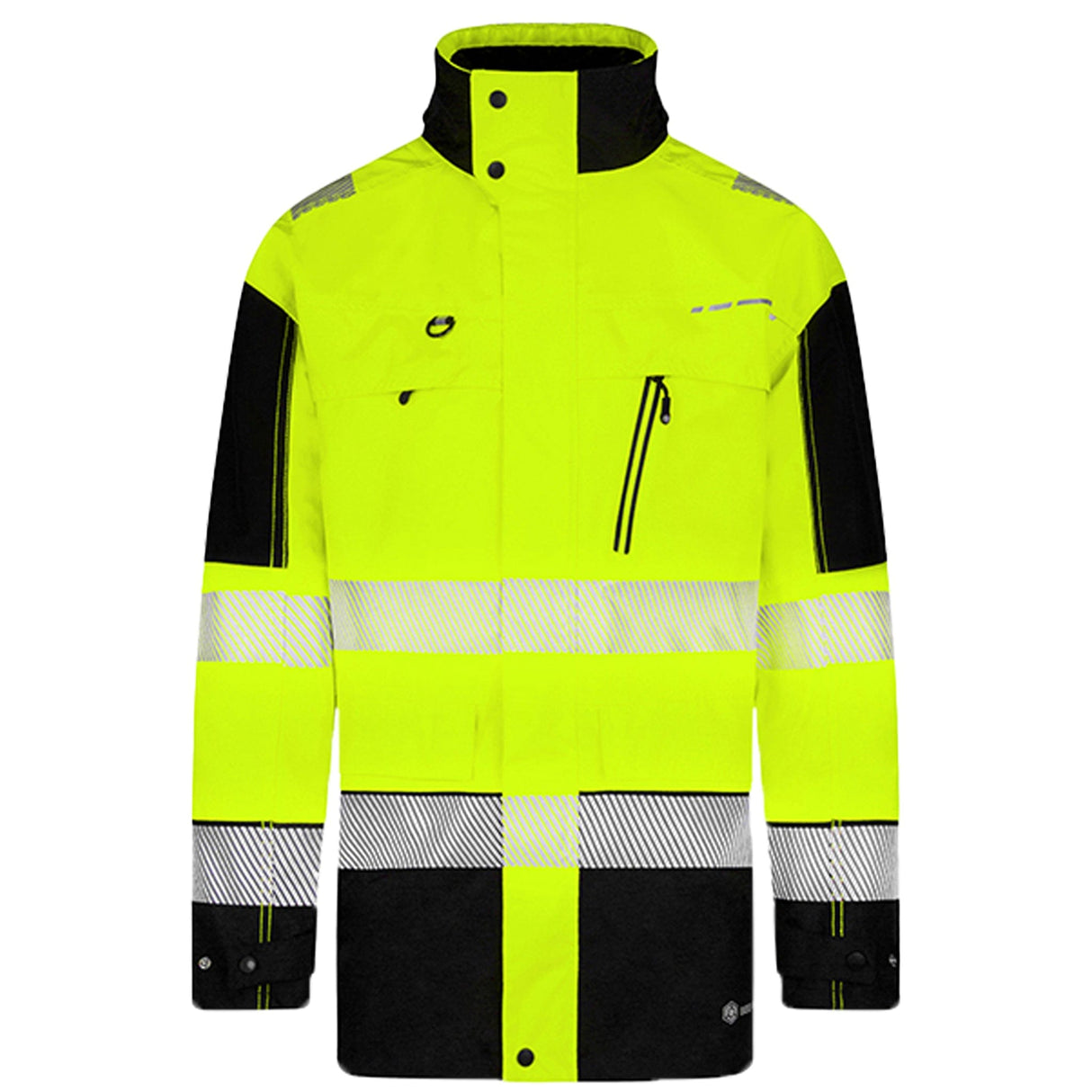 Yellow and navy two-tone waterproof rail jacket - front view showing chest pockets and reflective tape