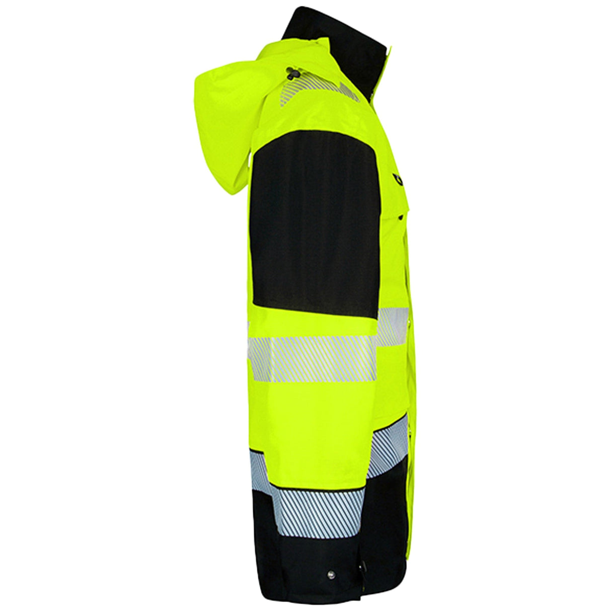 Yellow and navy two-tone waterproof rail jacket - back view showing reflective tape across the shoulders