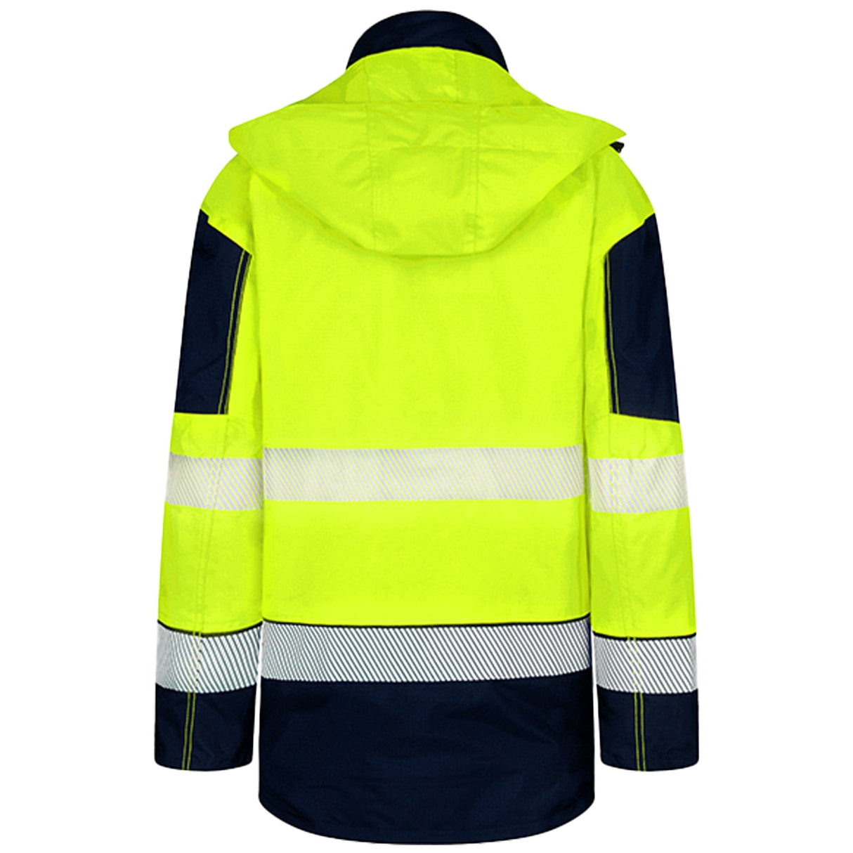 Yellow and navy two-tone waterproof rail jacket - side view with hood up and reflective tape across the body
