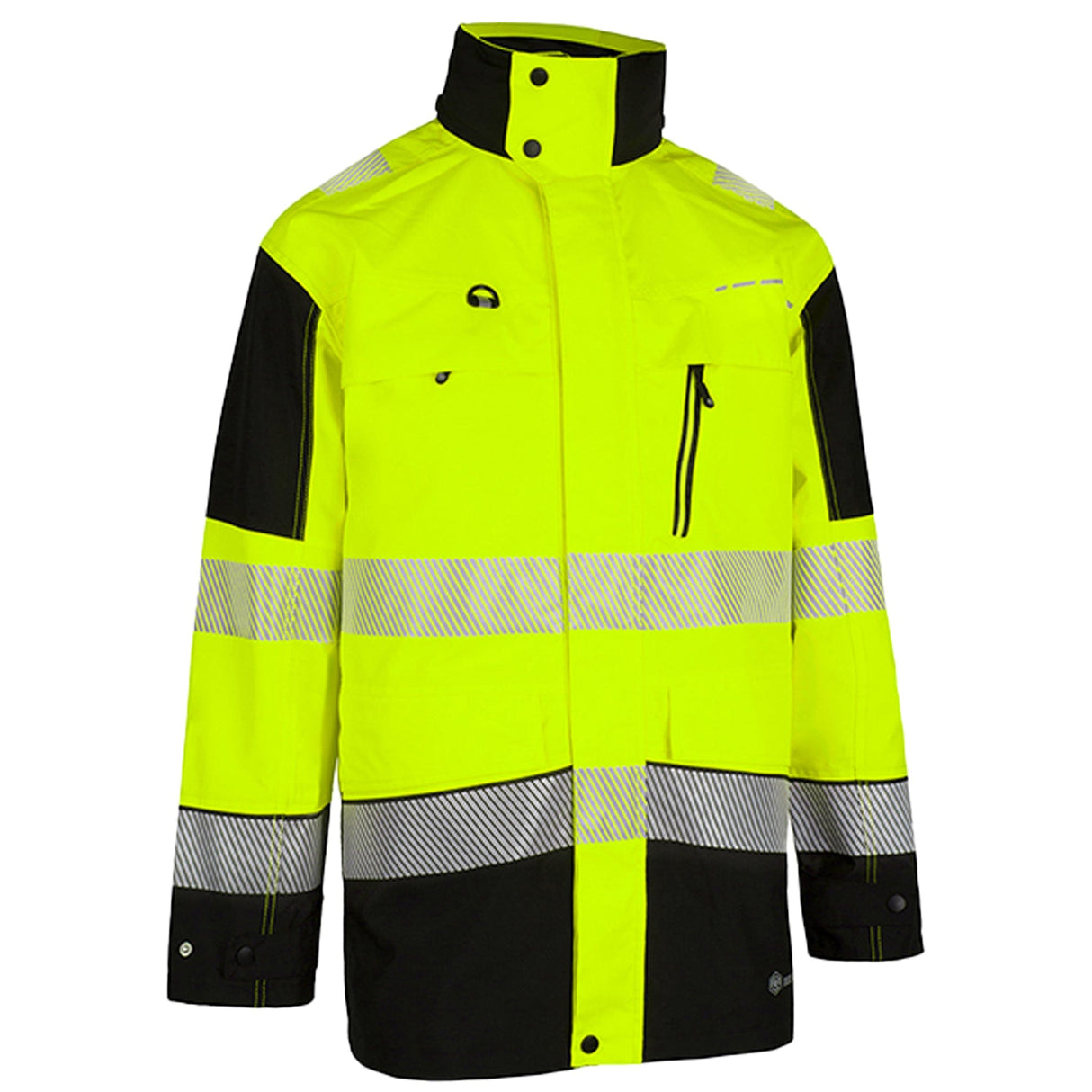 Yellow and navy two-tone waterproof rail jacket - front view flat on white background