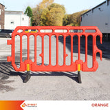 crowd control plastic metal pedestrian safety street event festival marathon melba swintex jsp 2 meter metre race anti trip stacking portable black silver orange boss heras safe fence start traffic school construction plastic safety barriers