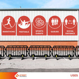 crowd control plastic metal pedestrian safety street event festival marathon melba swintex jsp 2 meter metre race anti trip stacking portable black silver orange boss heras safe fence start traffic school construction plastic safety barriers