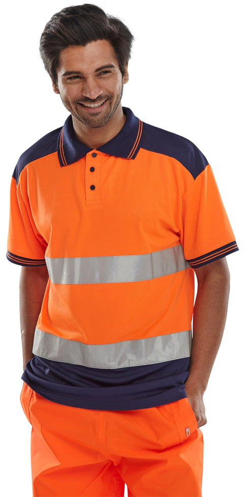 Beeseen Short Sleeved "Two tone" Hi Vis Polo Shirt - Orange & Navy